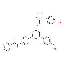 ChemSpider 2D Image | N-(4-{4-[4-(Hydroxymethyl)phenyl]-6-({[1-(4-hydroxyphenyl)-1H-tetrazol-5-yl]sulfanyl}methyl)-1,3-dioxan-2-yl}phenyl)nicotinamide | C31H28N6O5S
