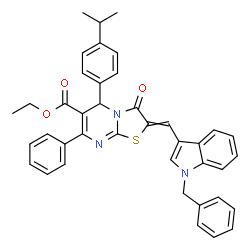 ChemSpider 2D Image | Ethyl 2-[(1-benzyl-1H-indol-3-yl)methylene]-5-(4-isopropylphenyl)-3-oxo-7-phenyl-2,3-dihydro-5H-[1,3]thiazolo[3,2-a]pyrimidine-6-carboxylate | C40H35N3O3S