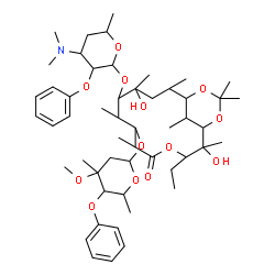 ChemSpider 2D Image | 9-{[4-(Dimethylamino)-6-methyl-3-phenoxytetrahydro-2H-pyran-2-yl]oxy}-3-ethyl-2,10-dihydroxy-7-[(4-methoxy-4,6-dimethyl-5-phenoxytetrahydro-2H-pyran-2-yl)oxy]-2,6,8,10,12,15,15,17-octamethyl-4,14,16-t
rioxabicyclo[11.3.1]heptadecan-5-one | C52H81NO13