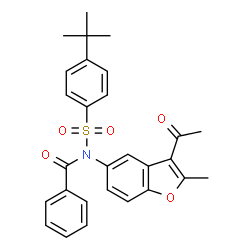 ChemSpider 2D Image | N-(3-Acetyl-2-methyl-1-benzofuran-5-yl)-N-{[4-(2-methyl-2-propanyl)phenyl]sulfonyl}benzamide | C28H27NO5S
