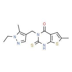 ChemSpider 2D Image | thieno[2,3-d]pyrimidin-4(3H)-one, 3-[(1-ethyl-5-methyl-1H-pyrazol-4-yl)methyl]-2-mercapto-6-methyl- | C14H16N4OS2