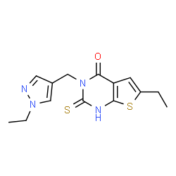 ChemSpider 2D Image | thieno[2,3-d]pyrimidin-4(3H)-one, 6-ethyl-3-[(1-ethyl-1H-pyrazol-4-yl)methyl]-2-mercapto- | C14H16N4OS2