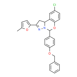 ChemSpider 2D Image | 5-[4-(Benzyloxy)phenyl]-9-chloro-2-(5-methyl-2-furyl)-1,10b-dihydropyrazolo[1,5-c][1,3]benzoxazine | C28H23ClN2O3