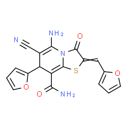 ChemSpider 2D Image | 5-Amino-6-cyano-7-(2-furyl)-2-(2-furylmethylene)-3-oxo-2,3-dihydro-7H-[1,3]thiazolo[3,2-a]pyridine-8-carboxamide | C18H12N4O4S