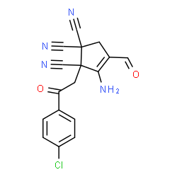 ChemSpider 2D Image | 3-Amino-2-[2-(4-chlorophenyl)-2-oxoethyl]-4-formyl-3-cyclopentene-1,1,2-tricarbonitrile | C17H11ClN4O2