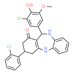 ChemSpider 2D Image | 11-(3-Chloro-4-hydroxy-5-methoxyphenyl)-3-(2-chlorophenyl)-2,3,4,5,10,11-hexahydro-1H-dibenzo[b,e][1,4]diazepin-1-one | C26H22Cl2N2O3