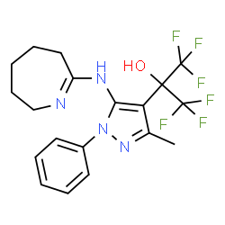 ChemSpider 2D Image | 1,1,1,3,3,3-Hexafluoro-2-[3-methyl-1-phenyl-5-(3,4,5,6-tetrahydro-2H-azepin-7-ylamino)-1H-pyrazol-4-yl]-2-propanol | C19H20F6N4O