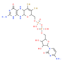 ChemSpider 2D Image | 4-Amino-1-{5-O-[({[(2-amino-4-oxo-6,7-disulfanyl-1,5,5a,8,9a,10-hexahydro-4H-pyrano[3,2-g]pteridin-8-yl)methoxy](hydroxy)phosphoryl}oxy)(hydroxy)phosphoryl]pentofuranosyl}-2(1H)-pyrimidinone | C19H26N8O13P2S2