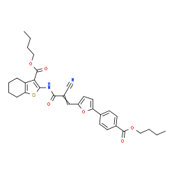 ChemSpider 2D Image | Butyl 2-[(3-{5-[4-(butoxycarbonyl)phenyl]-2-furyl}-2-cyanoacryloyl)amino]-4,5,6,7-tetrahydro-1-benzothiophene-3-carboxylate | C32H34N2O6S