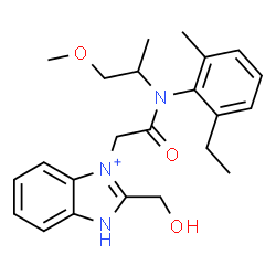 ChemSpider 2D Image | 3-{2-[(2-Ethyl-6-methylphenyl)(1-methoxy-2-propanyl)amino]-2-oxoethyl}-2-(hydroxymethyl)-1H-benzimidazol-3-ium | C23H30N3O3