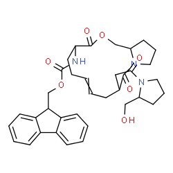 ChemSpider 2D Image | 9H-Fluoren-9-ylmethyl (10-{2-[2-(hydroxymethyl)-1-pyrrolidinyl]-2-oxoethyl}-3,11-dioxo-4,5,6,9,10,11,13,14,15,15a-decahydro-1H,3H-pyrrolo[2,1-c][1,4]oxazacyclotridecin-4-yl)carbamate | C36H43N3O7