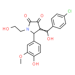 ChemSpider 2D Image | 4-[(4-Chlorophenyl)(hydroxy)methylene]-1-(2-hydroxyethyl)-5-(4-hydroxy-3-methoxyphenyl)-2,3-pyrrolidinedione | C20H18ClNO6