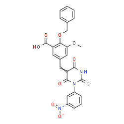 ChemSpider 2D Image | 2-(Benzyloxy)-3-methoxy-5-{[1-(3-nitrophenyl)-2,4,6-trioxotetrahydro-5(2H)-pyrimidinylidene]methyl}benzoic acid | C26H19N3O9