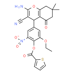 ChemSpider 2D Image | 4-(2-Amino-3-cyano-7,7-dimethyl-5-oxo-5,6,7,8-tetrahydro-4H-chromen-4-yl)-2-ethoxy-6-nitrophenyl 2-thiophenecarboxylate | C25H23N3O7S