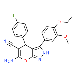 ChemSpider 2D Image | 6-Amino-3-(4-ethoxy-3-methoxyphenyl)-4-(4-fluorophenyl)-2,4-dihydropyrano[2,3-c]pyrazole-5-carbonitrile | C22H19FN4O3
