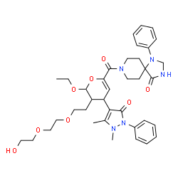 ChemSpider 2D Image | 8-{[4-(1,5-Dimethyl-3-oxo-2-phenyl-2,3-dihydro-1H-pyrazol-4-yl)-2-ethoxy-3-{2-[2-(2-hydroxyethoxy)ethoxy]ethyl}-3,4-dihydro-2H-pyran-6-yl]carbonyl}-1-phenyl-1,3,8-triazaspiro[4.5]decan-4-one | C38H49N5O8