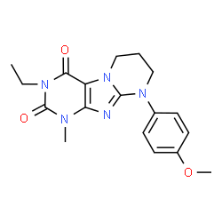 ChemSpider 2D Image | 3-Ethyl-9-(4-methoxyphenyl)-1-methyl-6,7,8,9-tetrahydropyrimido[2,1-f]purine-2,4(1H,3H)-dione | C18H21N5O3