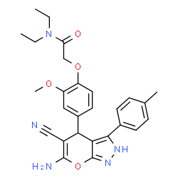 ChemSpider 2D Image | 2-{4-[6-Amino-5-cyano-3-(4-methylphenyl)-2,4-dihydropyrano[2,3-c]pyrazol-4-yl]-2-methoxyphenoxy}-N,N-diethylacetamide | C27H29N5O4