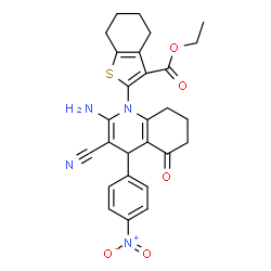 ChemSpider 2D Image | Ethyl 2-[2-amino-3-cyano-4-(4-nitrophenyl)-5-oxo-5,6,7,8-tetrahydro-1(4H)-quinolinyl]-4,5,6,7-tetrahydro-1-benzothiophene-3-carboxylate | C27H26N4O5S