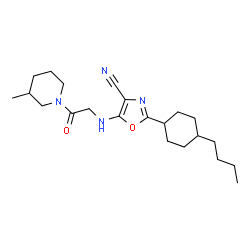 ChemSpider 2D Image | 2-(4-Butylcyclohexyl)-5-{[2-(3-methyl-1-piperidinyl)-2-oxoethyl]amino}-1,3-oxazole-4-carbonitrile | C22H34N4O2