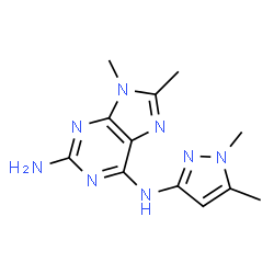 ChemSpider 2D Image | N~6~-(1,5-Dimethyl-1H-pyrazol-3-yl)-8,9-dimethyl-9H-purine-2,6-diamine | C12H16N8