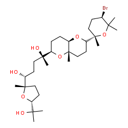 ChemSpider 2D Image | (1R,4S)-4-{(2R,4aR,6R,8aS)-6-[(2S,5R)-5-Bromo-2,6,6-trimethyltetrahydro-2H-pyran-2-yl]-8a-methyloctahydropyrano[3,2-b]pyran-2-yl}-1-[(2S,5R)-5-(2-hydroxy-2-propanyl)-2-methyltetrahydro-2-furanyl]-1,4-
pentanediol | C30H53BrO7