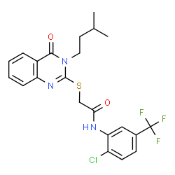 ChemSpider 2D Image | N-[2-Chloro-5-(trifluoromethyl)phenyl]-2-{[3-(3-methylbutyl)-4-oxo-3,4-dihydro-2-quinazolinyl]sulfanyl}acetamide | C22H21ClF3N3O2S