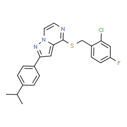 ChemSpider 2D Image | 4-[(2-Chloro-4-fluorobenzyl)sulfanyl]-2-(4-isopropylphenyl)pyrazolo[1,5-a]pyrazine | C22H19ClFN3S