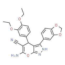 ChemSpider 2D Image | 6-Amino-3-(1,3-benzodioxol-5-yl)-4-(3,4-diethoxyphenyl)-2,4-dihydropyrano[2,3-c]pyrazole-5-carbonitrile | C24H22N4O5
