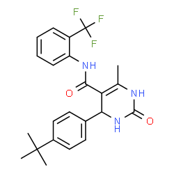 ChemSpider 2D Image | 6-Methyl-4-[4-(2-methyl-2-propanyl)phenyl]-2-oxo-N-[2-(trifluoromethyl)phenyl]-1,2,3,4-tetrahydro-5-pyrimidinecarboxamide | C23H24F3N3O2