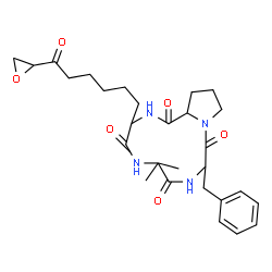 ChemSpider 2D Image | 9-Benzyl-6,6-dimethyl-3-[6-(2-oxiranyl)-6-oxohexyl]decahydropyrrolo[1,2-a][1,4,7,10]tetraazacyclododecine-1,4,7,10-tetrone | C28H38N4O6