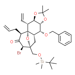 ChemSpider 2D Image | (3aR,4R,4aS,5S,7R,8R,9aS,10R,10aR)-5-Allyl-10-(benzyloxy)-7-bromo-8-(((tert-butyldimethylsilyl)oxy)methyl)-2,2-dimethyl-4-vinyloctahydro-4a,8-epoxycyclohepta[4,5]benzo[1,2-d][1,3]dioxol-6(5H)-one | C33H47BrO6Si