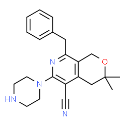 ChemSpider 2D Image | 8-Benzyl-3,3-dimethyl-6-(1-piperazinyl)-3,4-dihydro-1H-pyrano[3,4-c]pyridine-5-carbonitrile | C22H26N4O