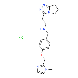 ChemSpider 2D Image | 2-(6,7-Dihydro-5H-pyrrolo[2,1-c][1,2,4]triazol-3-yl)-N-{4-[(1-methyl-1H-imidazol-2-yl)methoxy]benzyl}ethanamine hydrochloride (1:1) | C19H25ClN6O