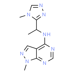 ChemSpider 2D Image | 1-methyl-N-[1-(4-methyl-1,2,4-triazol-3-yl)ethyl]pyrazolo[3,4-d]pyrimidin-4-amine | C11H14N8