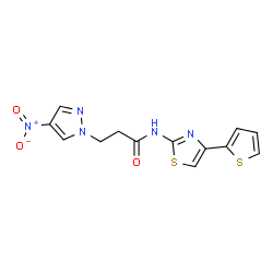 ChemSpider 2D Image | 3-(4-Nitro-1H-pyrazol-1-yl)-N-[4-(2-thienyl)-1,3-thiazol-2-yl]propanamide | C13H11N5O3S2
