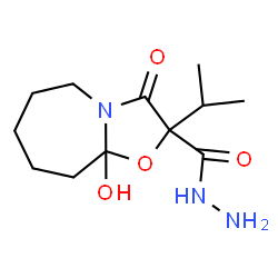 ChemSpider 2D Image | 9a-Hydroxy-2-isopropyl-3-oxooctahydro[1,3]oxazolo[3,2-a]azepine-2-carbohydrazide | C12H21N3O4