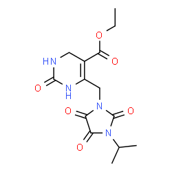 ChemSpider 2D Image | Ethyl 6-[(3-isopropyl-2,4,5-trioxo-1-imidazolidinyl)methyl]-2-oxo-1,2,3,4-tetrahydro-5-pyrimidinecarboxylate | C14H18N4O6