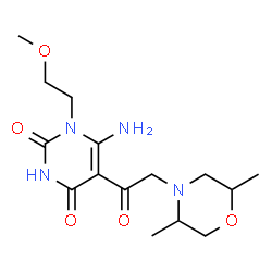 ChemSpider 2D Image | 6-Amino-5-[(2,5-dimethyl-4-morpholinyl)acetyl]-1-(2-methoxyethyl)-2,4(1H,3H)-pyrimidinedione | C15H24N4O5