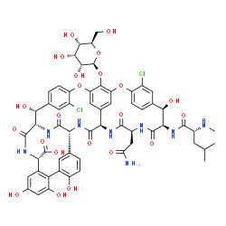ChemSpider 2D Image | (1S,2R,18R,19R,22S,25R,28R,40S)-48-(beta-D-Allopyranosyloxy)-22-(2-amino-2-oxoethyl)-5,15-dichloro-2,18,32,35,37-pentahydroxy-19-[(N-methyl-D-leucyl)amino]-20,23,26,42,44-pentaoxo-7,13-dioxa-21,24,27,
41,43-pentaazaoctacyclo[26.14.2.2~3,6~.2~14,17~.1~8,12~.1~29,33~.0~10,25~.0~34,39~]pentaconta-3,5,8(48),9,11,14,16,29(45),30,32,34,36,38,46,49-pentadecaene-40-carboxylic acid | C59H62Cl2N8O22