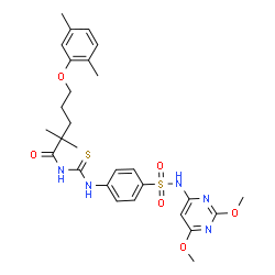 ChemSpider 2D Image | N-[[4-[(2,6-dimethoxypyrimidin-4-yl)sulfamoyl]phenyl]carbamothioyl]-5-(2,5-dimethylphenoxy)-2,2-dimethyl-pentanamide | C28H35N5O6S2