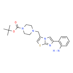 ChemSpider 2D Image | tert-butyl 4-{[6-(2-aminophenyl)imidazo[2,1-b][1,3]thiazol-3-yl]methyl}piperazine-1-carboxylate | C21H27N5O2S