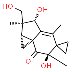 ChemSpider 2D Image | (1aR,2S,3R,6R,7aS)-3,6-Dihydroxy-2-(hydroxymethyl)-2,4,6-trimethyl-1,1a,2,3-tetrahydrospiro[cyclopropa[c]indene-5,1'-cyclopropan]-7(6H)-one | C16H22O4