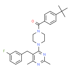 ChemSpider 2D Image | {4-[5-(3-Fluorobenzyl)-2,6-dimethyl-4-pyrimidinyl]-1-piperazinyl}[4-(2-methyl-2-propanyl)phenyl]methanone | C28H33FN4O