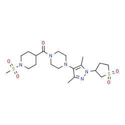 ChemSpider 2D Image | {4-[1-(1,1-Dioxidotetrahydro-3-thiophenyl)-3,5-dimethyl-1H-pyrazol-4-yl]-1-piperazinyl}[1-(methylsulfonyl)-4-piperidinyl]methanone | C20H33N5O5S2