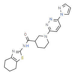ChemSpider 2D Image | 1-[6-(1H-Pyrazol-1-yl)-3-pyridazinyl]-N-(4,5,6,7-tetrahydro-1,3-benzothiazol-2-yl)-3-piperidinecarboxamide | C20H23N7OS