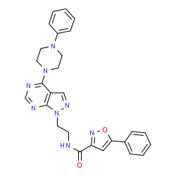 ChemSpider 2D Image | 5-Phenyl-N-{2-[4-(4-phenyl-1-piperazinyl)-1H-pyrazolo[3,4-d]pyrimidin-1-yl]ethyl}-1,2-oxazole-3-carboxamide | C27H26N8O2