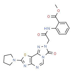 ChemSpider 2D Image | Methyl 2-({[3-oxo-8-(1-pyrrolidinyl)[1,3]thiazolo[5,4-e][1,2,4]triazolo[4,3-c]pyrimidin-2(3H)-yl]acetyl}amino)benzoate | C20H19N7O4S