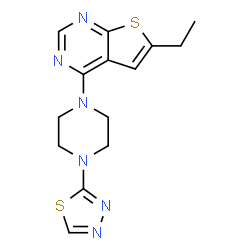 ChemSpider 2D Image | 4-(4-(1,3,4-Thiadiazol-2-yl)piperazin-1-yl)-6-ethylthieno[2,3-d]pyrimidine | C14H16N6S2