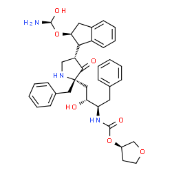 ChemSpider 2D Image | (3S)-TETRAHYDROFURAN-3-YL (1R,2S)-3-[4-((1R)-2-{[(S)-AMINO(HYDROXY)METHYL]OXY}-2,3-DIHYDRO-1H-INDEN-1-YL)-2-BENZYL-3-OXOPYRROLIDIN-2-YL]-1-BENZYL-2-HYDROXYPROPYLCARBAMATE | C36H43N3O7